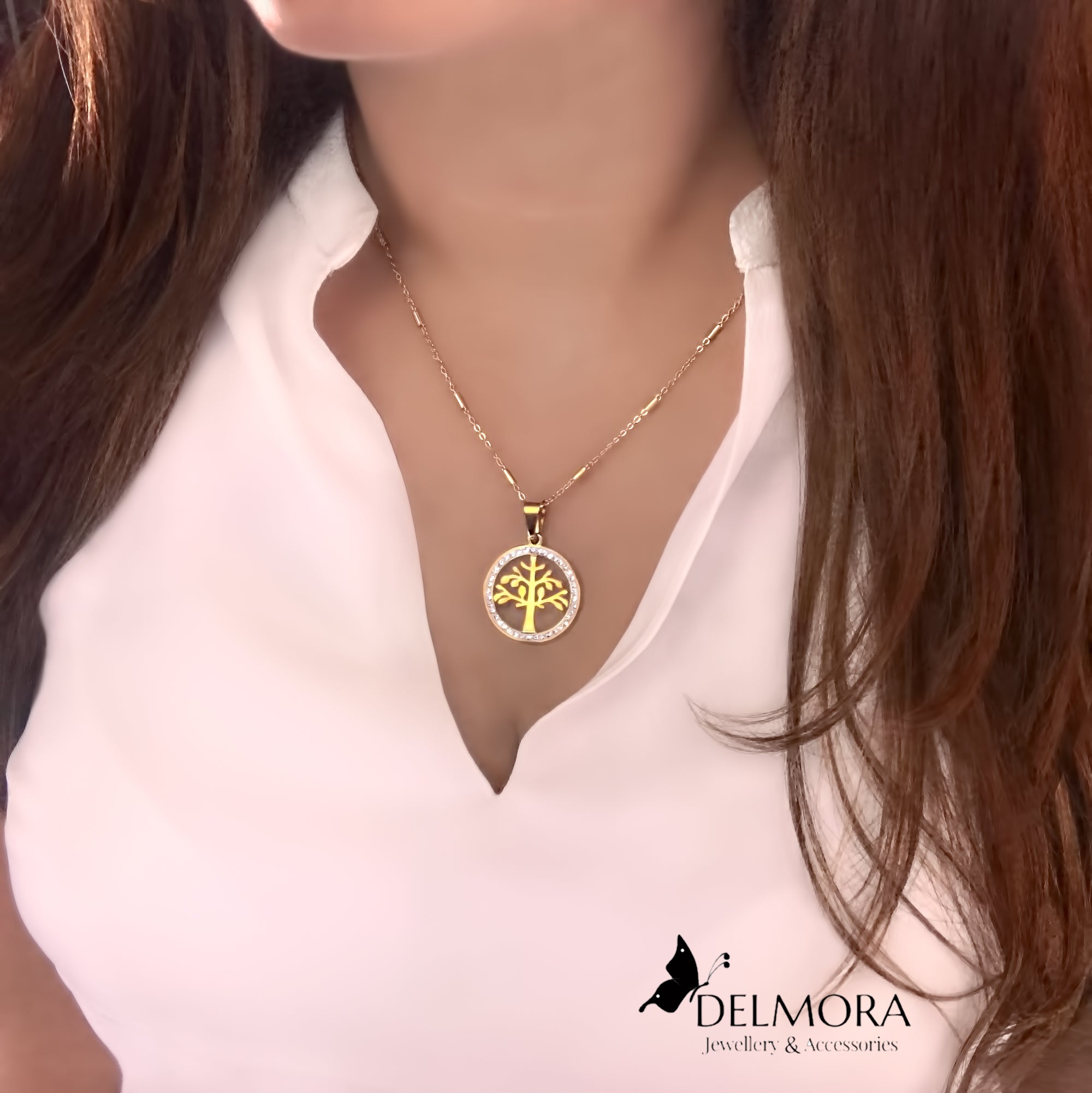 Collana Albero Della Vita Per Donna Con Ciondolo E Cristalli - Placcata Oro Rosa E Argento, Lunga Catena 42+5 Cm, Gioiello Regalo Per Ragazze